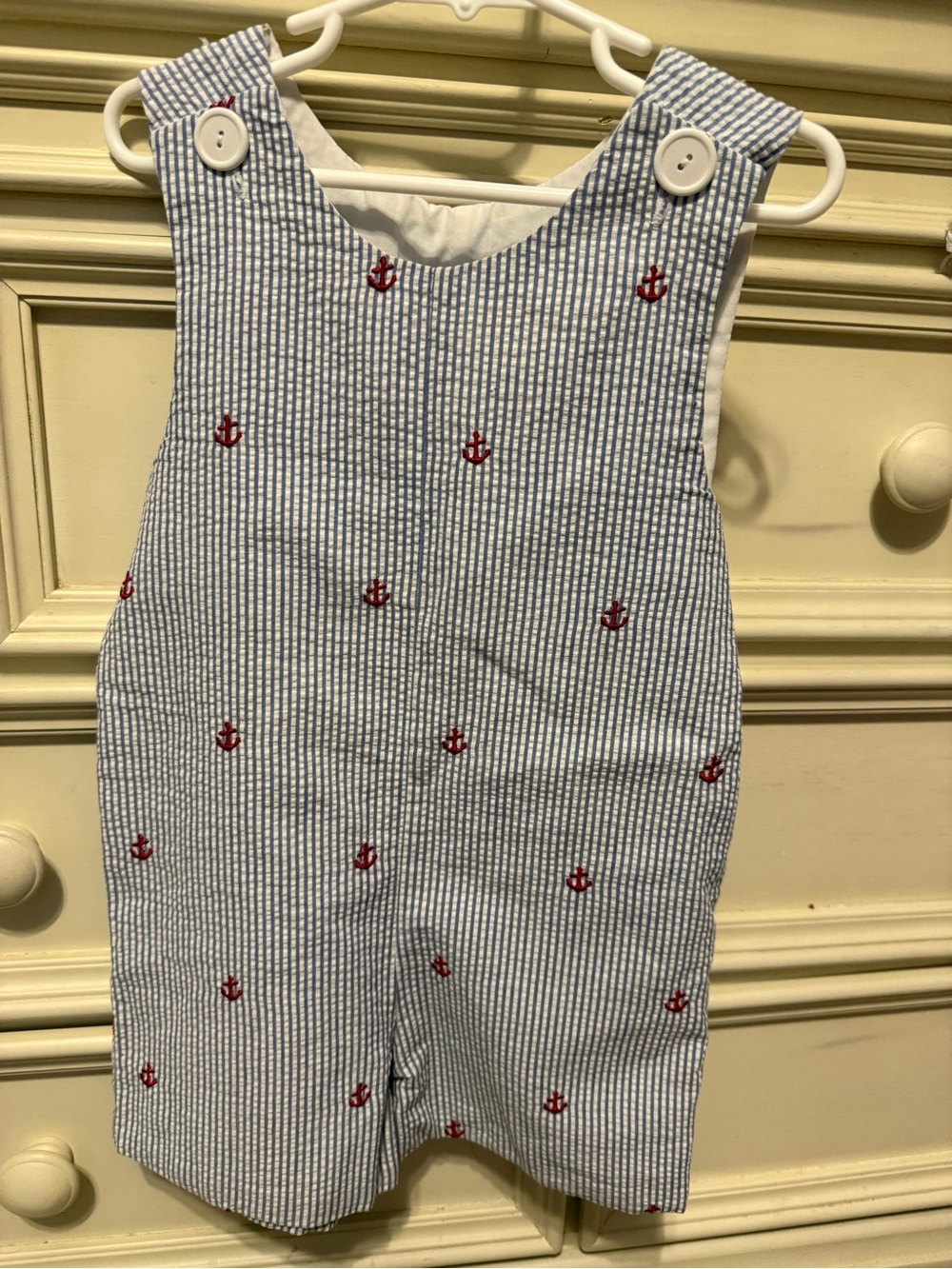Kelly's Kids Blue and White Striped Seersucker Romper with Red Anchor Embroidery